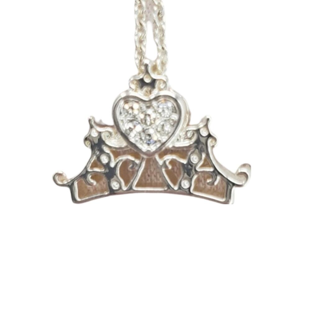 Disney Silver & White Rhinestone Heart Crown Necklace
